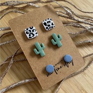 3-Piece Earring Stud Set | Square Leopard Print, Cactus, Blue Minis